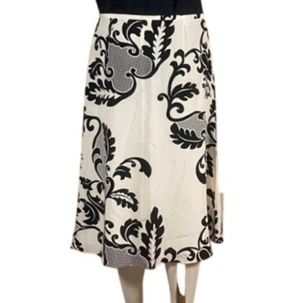 Nygard Collection White Black 100% Silk Damask Floral Midi Skirt Size 8 30173326